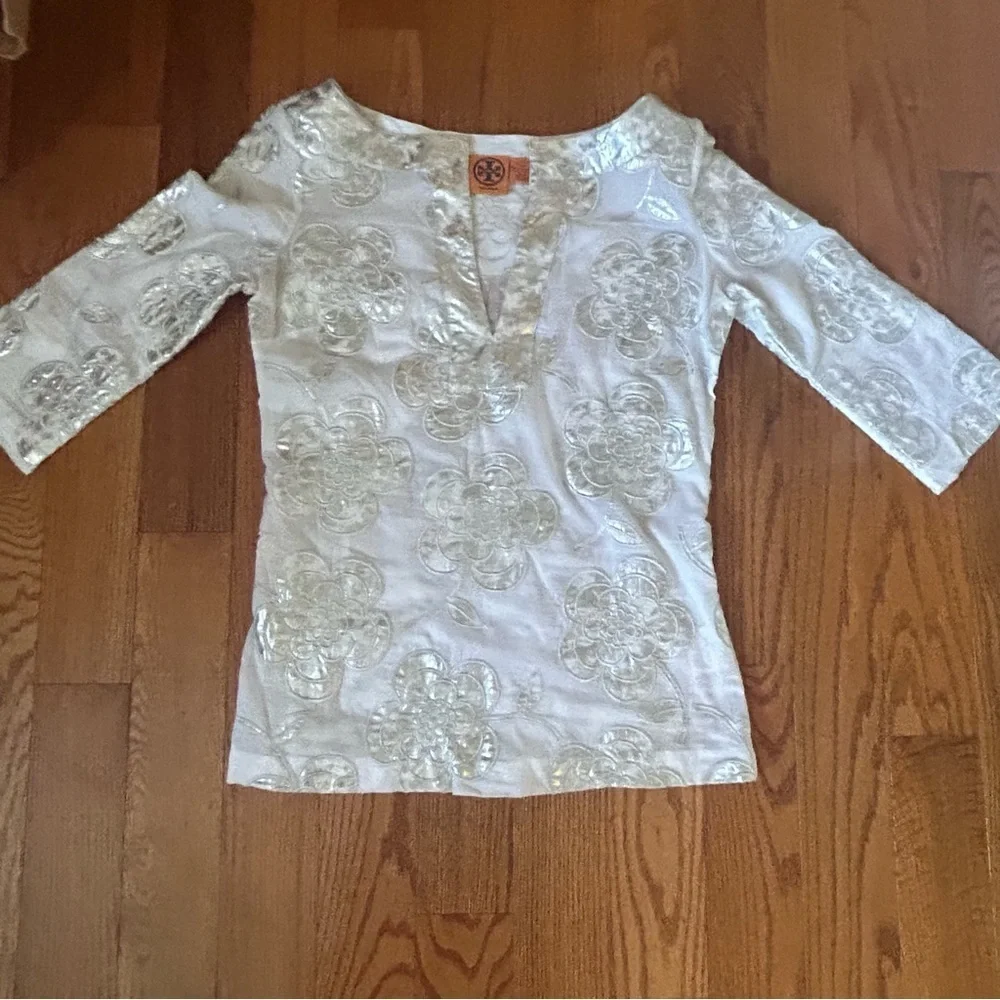 Tory Burch Silver Metallic Embellished Tunic 4 Festive Designer Wear Boho Chic